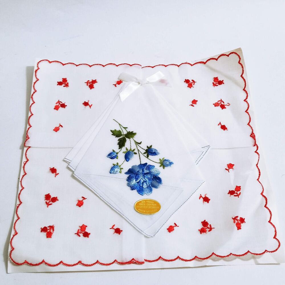 Red/ Blue Floral Embroidered 2 Handkerchiefs Cottagecore Hankie Switzerland NOS
